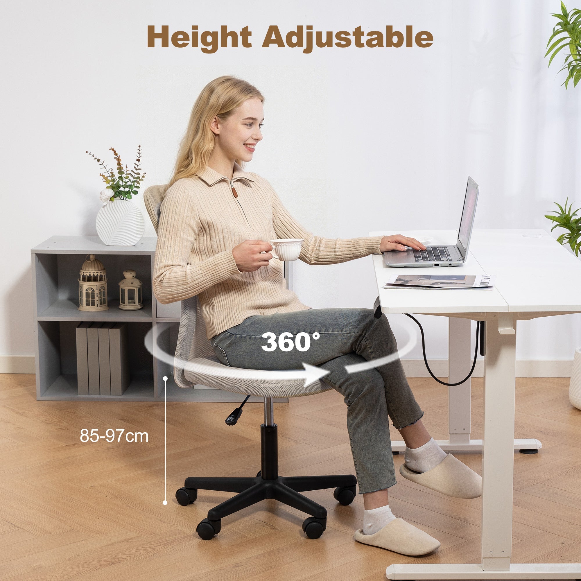 Vinsetto Computer Desk Chair, Mesh Office Chair with Adjustable Height and Swivel Wheels, Armless Study Chair, Beige