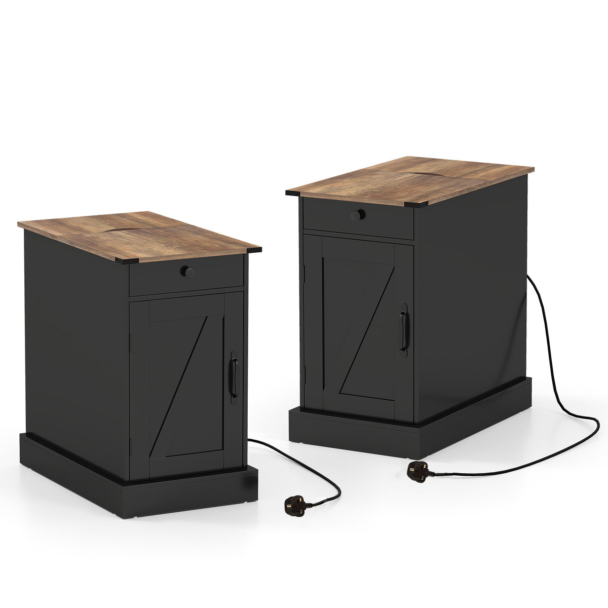 Two black nightstands with charging cables plugged in, viewed from the side