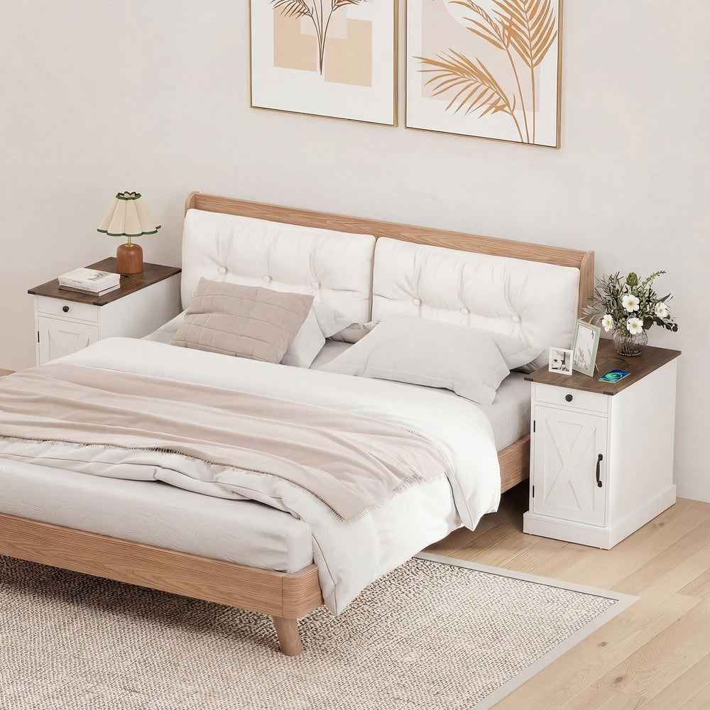 End Table Set of 2, two white nightstands with wood tops in a bedroom setting next to a bed