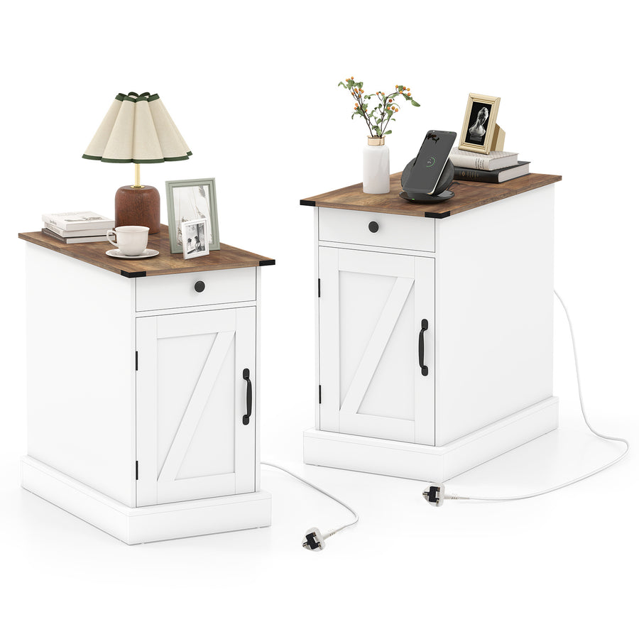 End Table Set of 2 with Charging Station and Storage Drawer-White