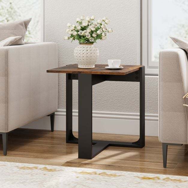 The industrial nightstand next to a sofa