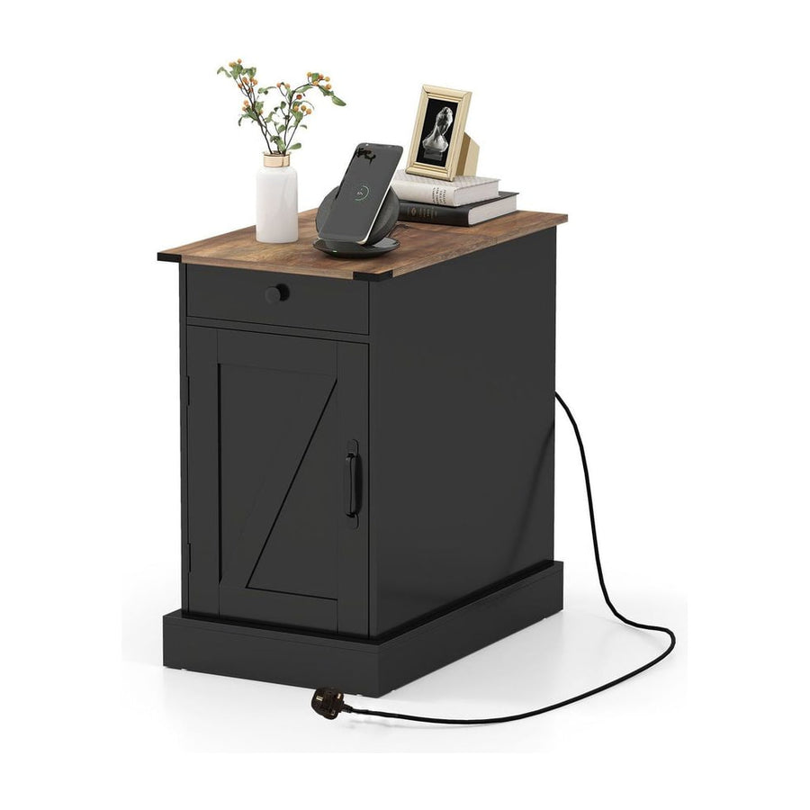 End Table with Charging Station Farmhouse Bedside Table with Storage Drawer-Black