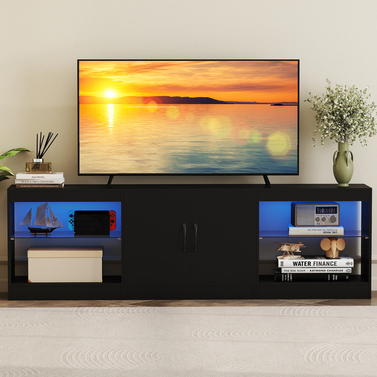 3-in-1 Entertainment Center with Adjustable Glass Shelves-Black