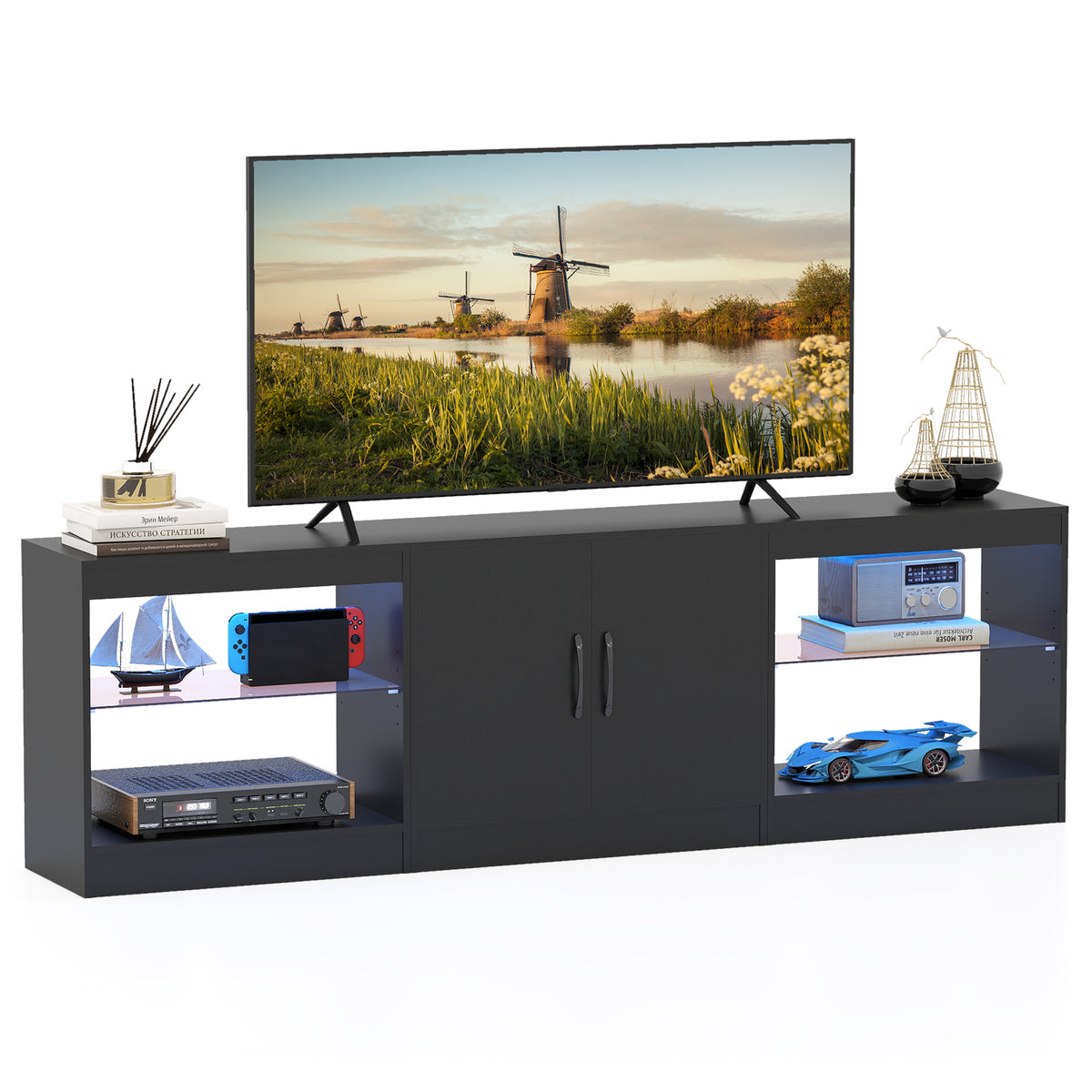 3-in-1 Entertainment Center with Adjustable Glass Shelves-Black