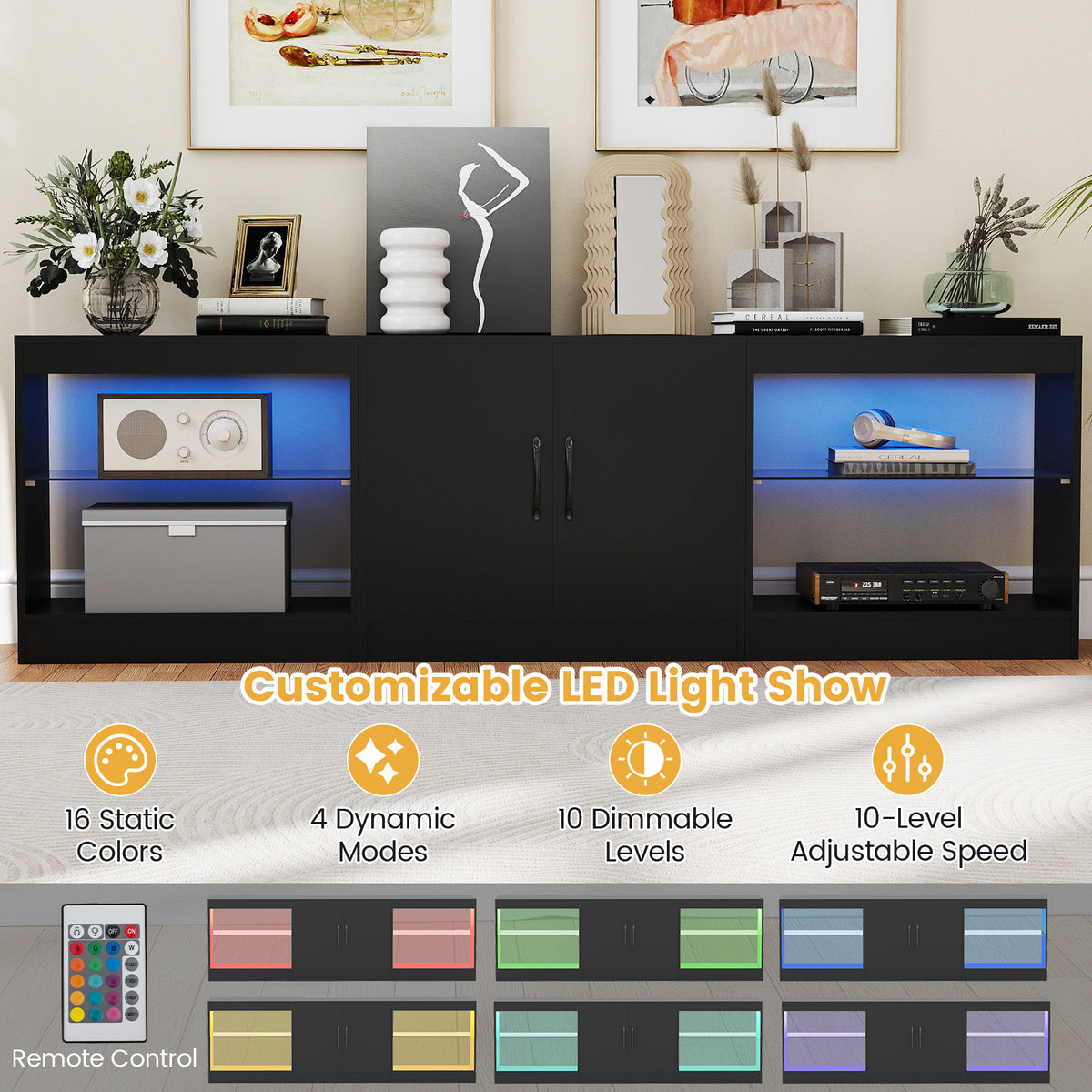 3-in-1 Entertainment Center with Adjustable Glass Shelves-Black