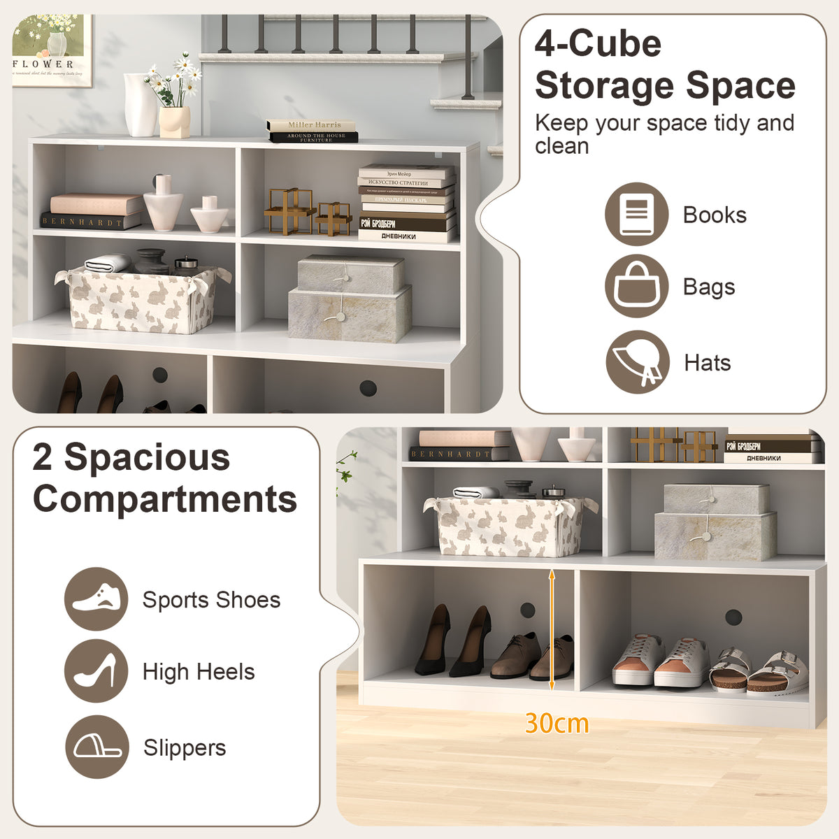 2-in-1 Entryway Shoe Cabinet with 2 Anti-tipping Kits for Living Room-White
