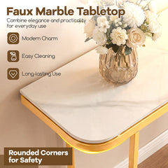 Entryway Table with Faux Marble Top and Metal Frame for Hallway-White & Golden