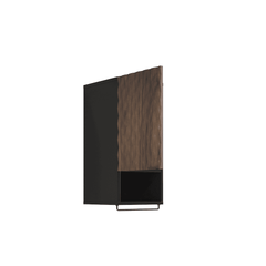 The bathroom cabinet shown from the side with a dark frame and a patterned wooden door