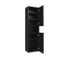 The bathroom cabinet with both doors open revealing empty internal shelves and storage space