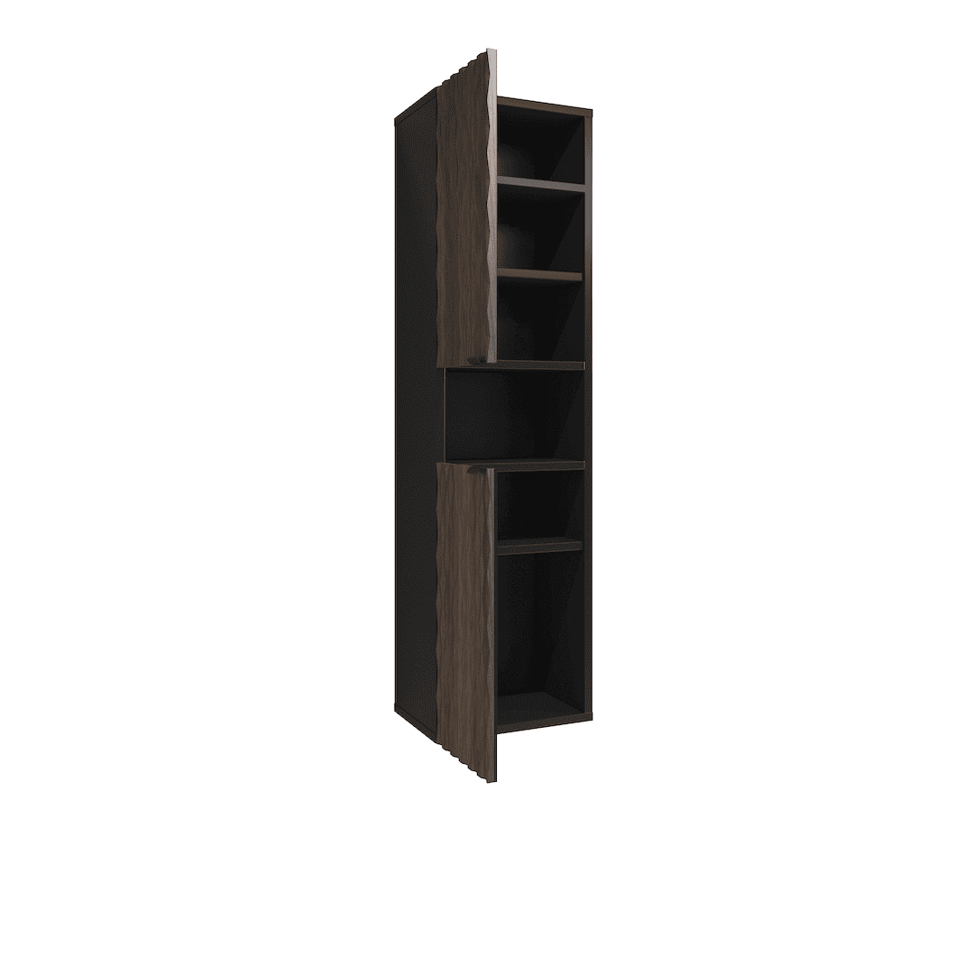 The bathroom cabinet viewed from the side with doors open showing empty shelving units