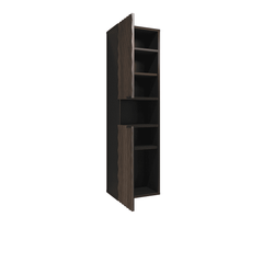 The bathroom cabinet viewed from the side with doors open showing empty shelving units