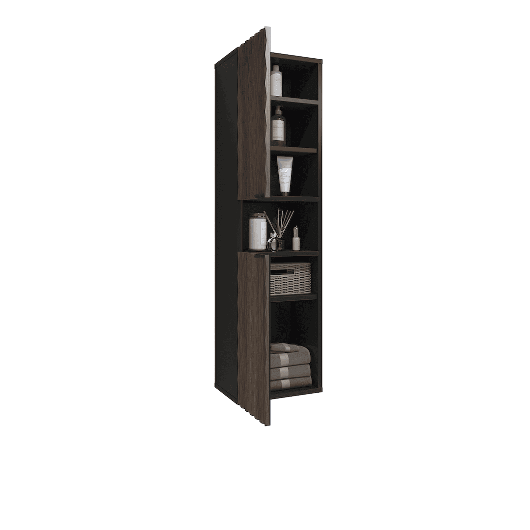 The bathroom cabinet viewed from the side with doors open and shelves filled with bathroom items