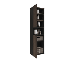 The bathroom cabinet viewed from the side with doors open and shelves filled with bathroom items