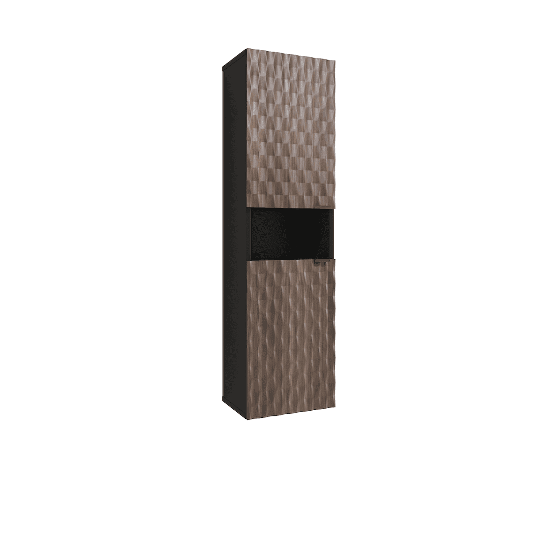 The bathroom cabinet shown from a side angle with doors closed and textured wood finish