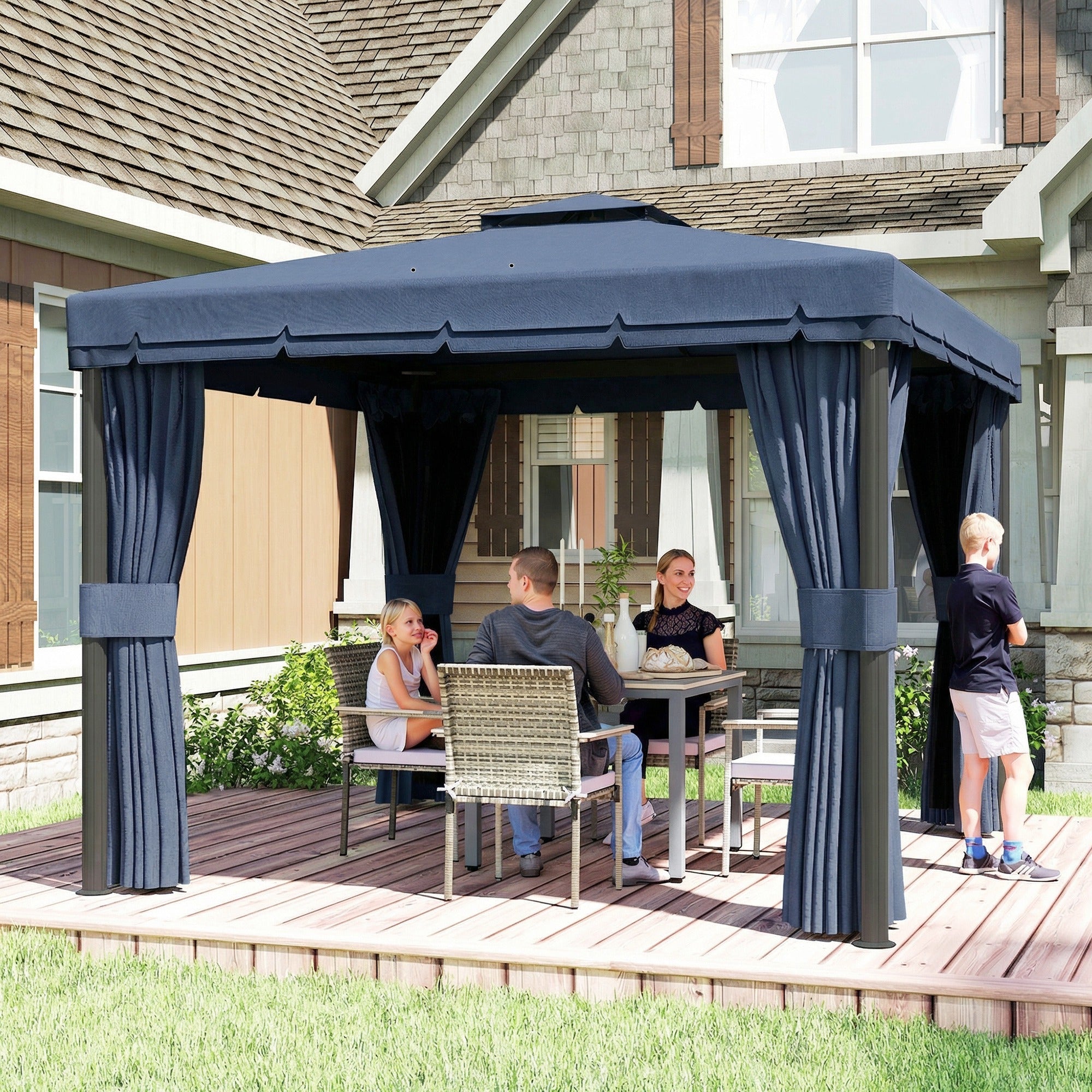 Outsunny 3 x 3(m) Patio Gazebo Canopy Garden Pavilion Tent Shelter Marquee with 2 Tier Roof, Netting and Curtains, Dark Blue