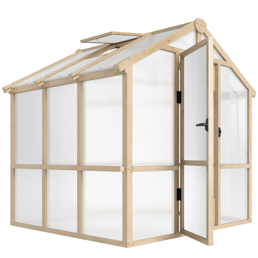 Outsunny 6.6 x 6ft Polycarbonate Greenhouse, Walk-in Wooden Greenhouse with Lockable Door and Window, Garden Plants Grow House, Brown