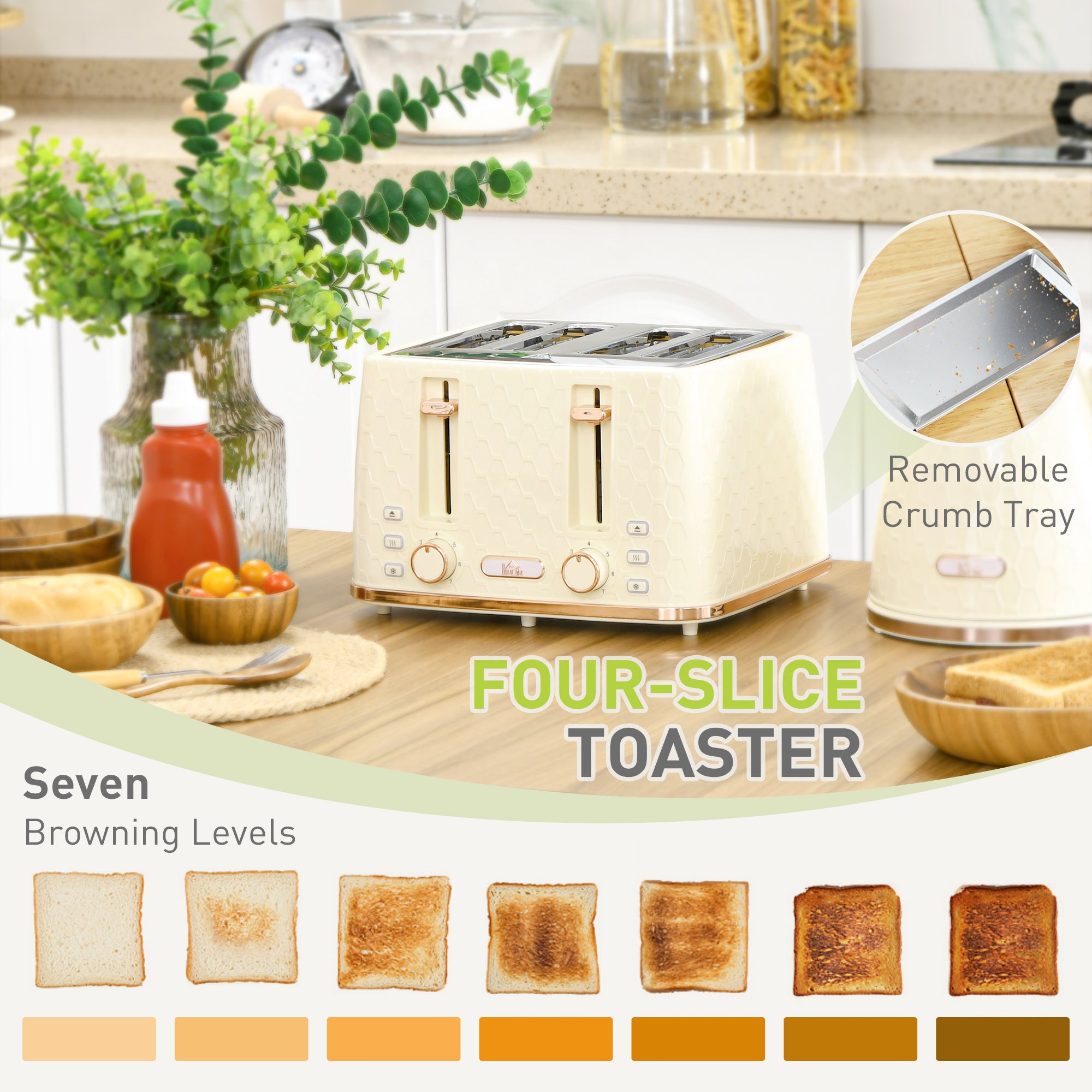 HOMCOM Kettle and Toaster Set, 1.7L 3000W Fast Boil Jug Kettle, 4 Slice Toaster with 7 Level Browning Controls, Beige