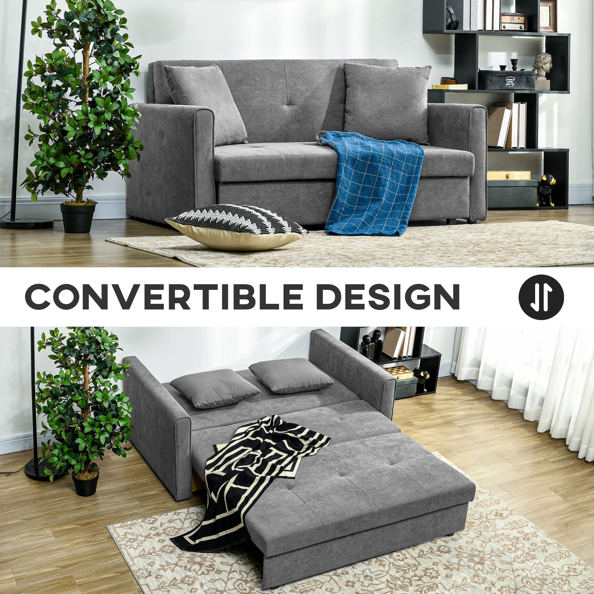 HOMCOM 2 Seater Sofa Bed, Convertible Bed Settee, Modern Velvet Loveseat Sofa Couch with 2 Cushions, Hidden Storage for Living Room, Guest Room, Grey