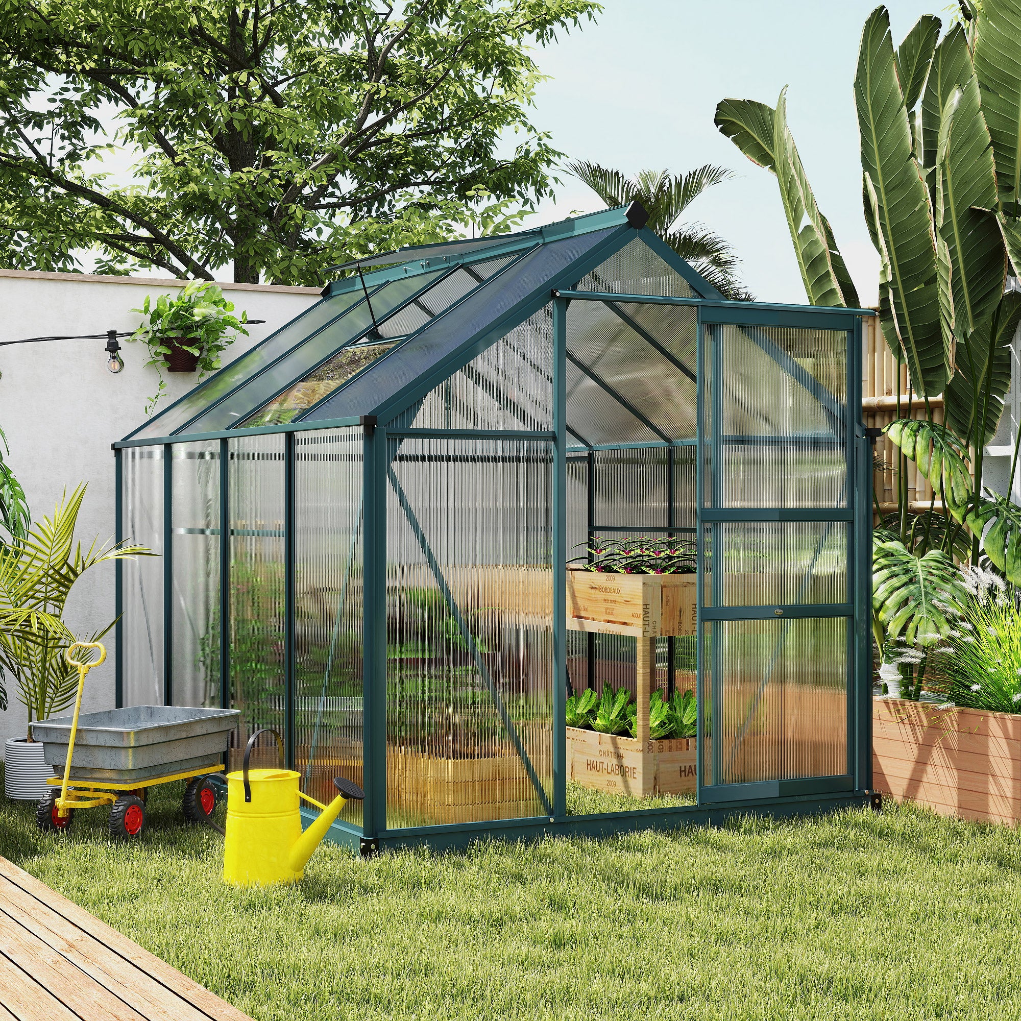 Outsunny 6 x 8ft Polycarbonate Greenhouse, Large Walk-In Green House with Slide Door and Window, Garden Plants Grow House with Aluminium Frame and Foundation, Dark Green