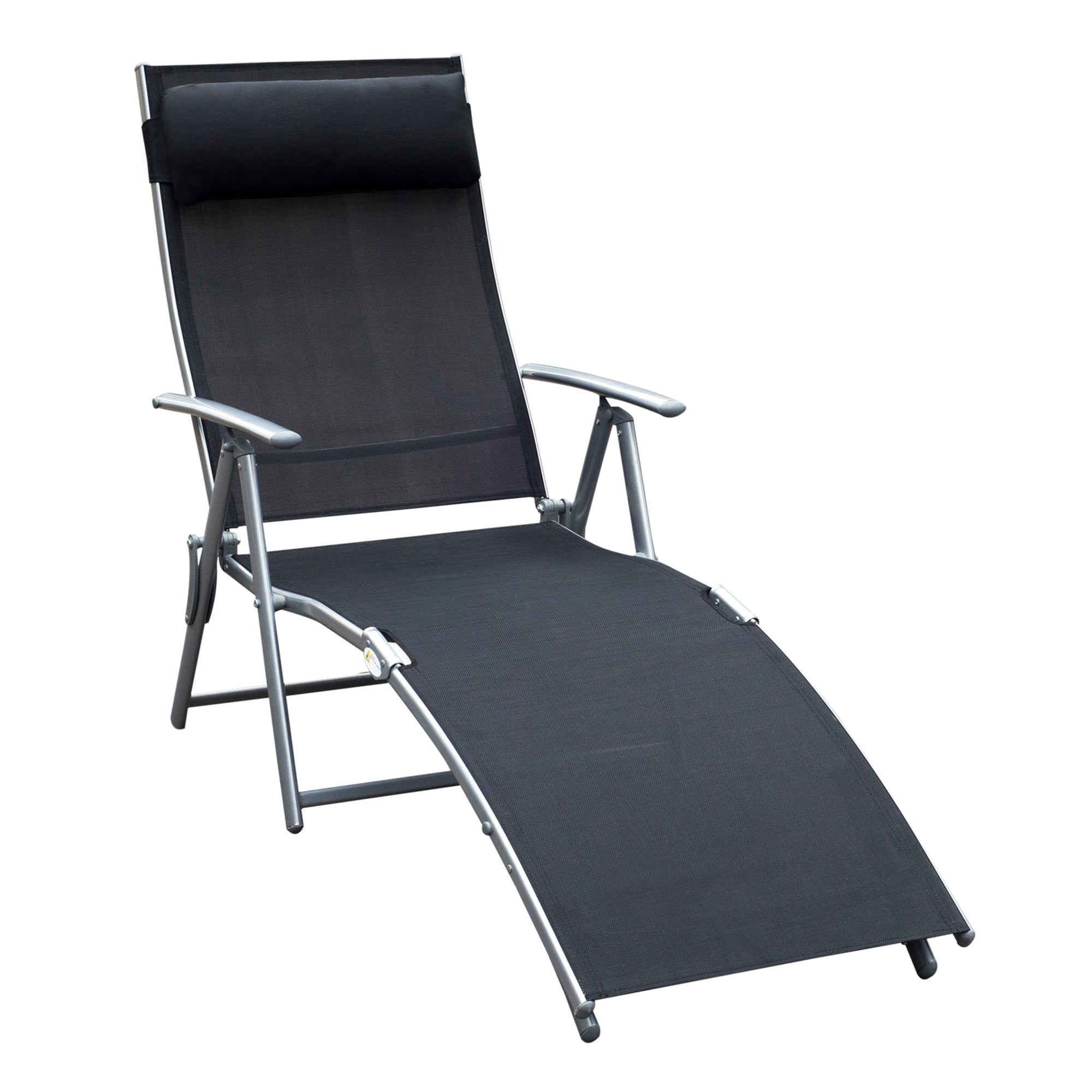Outsunny Sun Lounger Steel Frame Outdoor Folding Chaise Texteline Lounge Chair Recliner with Headrest & 7 Levels Adjustable Backrest, Black