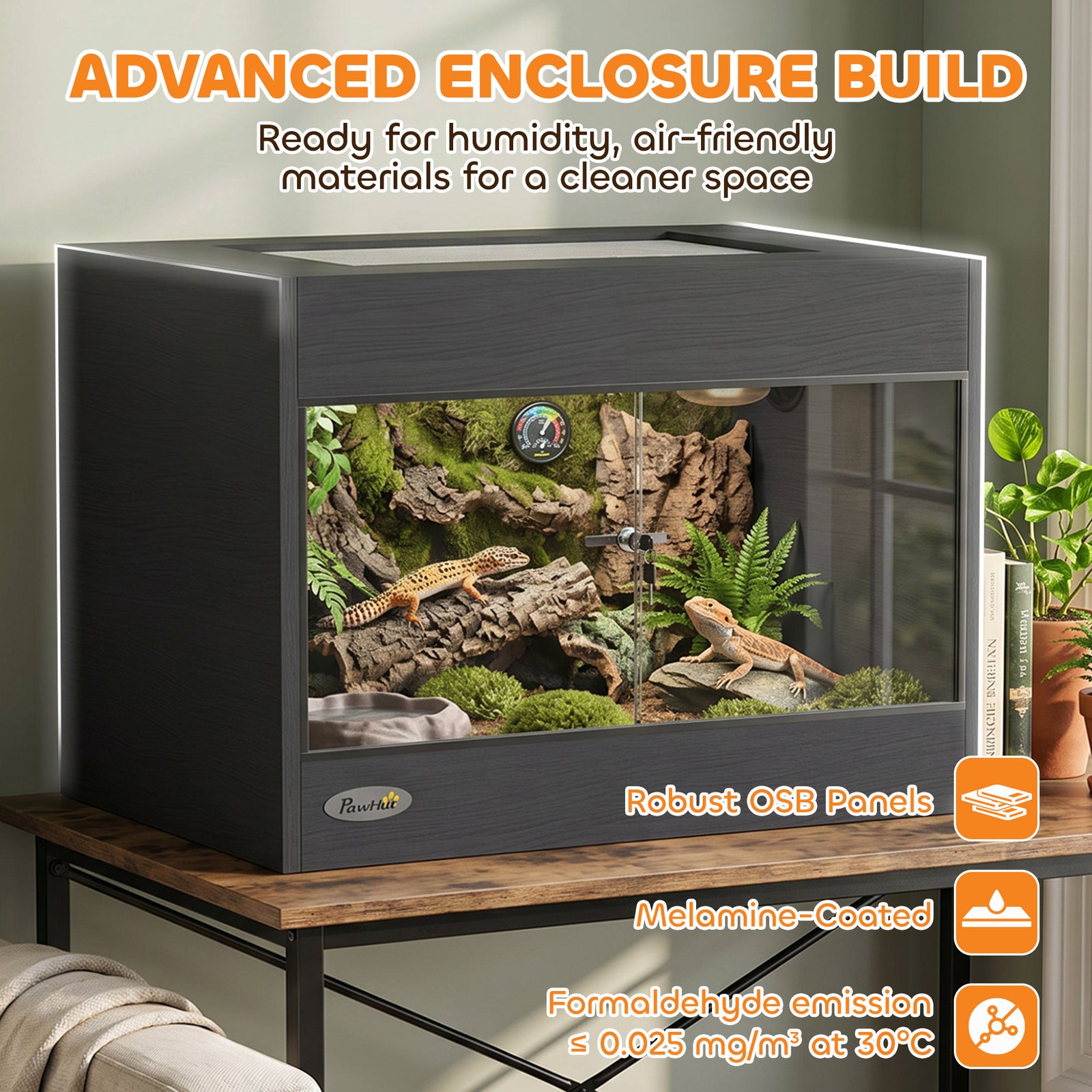 PawHut Reptile Terrarium, Reptile Vivarium with Glass Doors, Secure Lock, Top Ventilation for Snake, Gecko, 60x45x45cm, Black