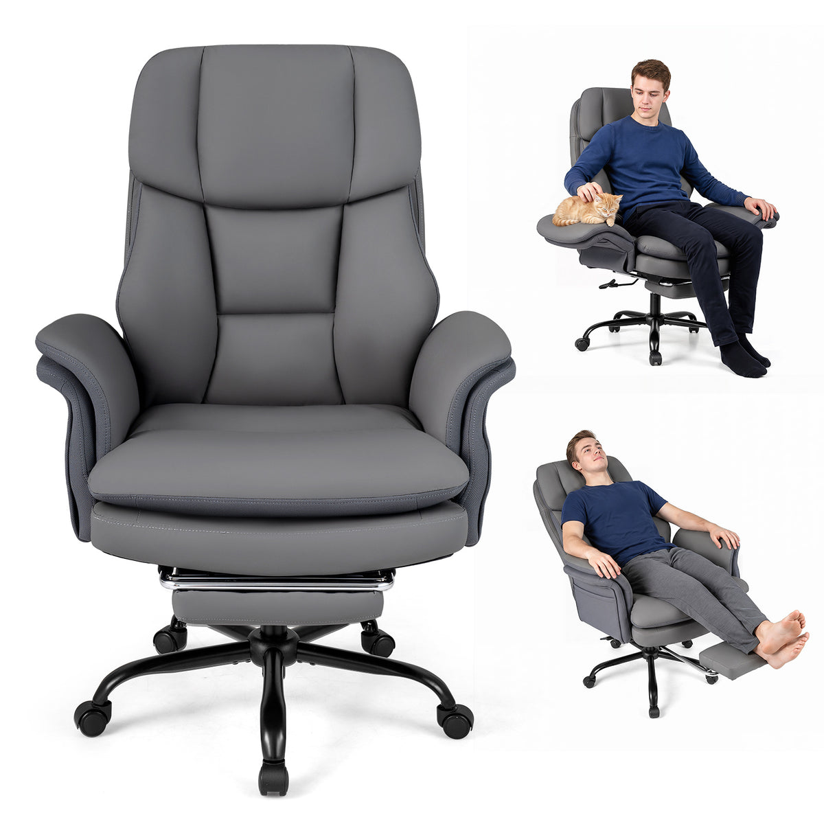 Ergonomic Cross Legged Office Chair with Retractable Footrest Adjustable Armrests for Home Office-Grey