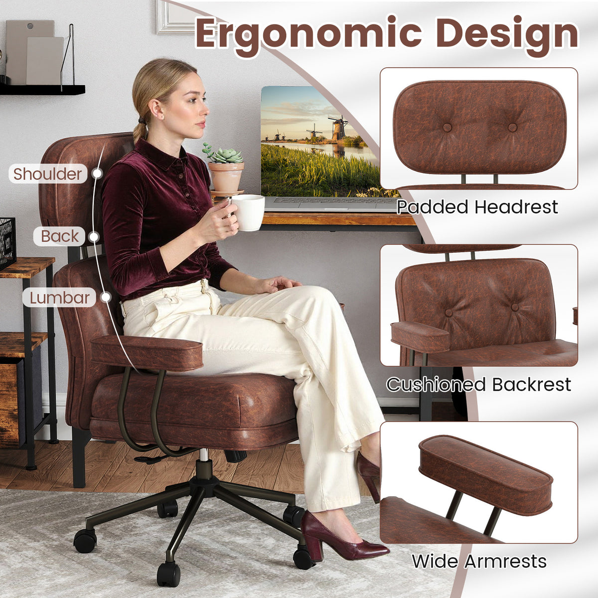 Ergonomic Home Office Chair Suede Fabric Adjustable with Detachable Armrests-Dark Brown
