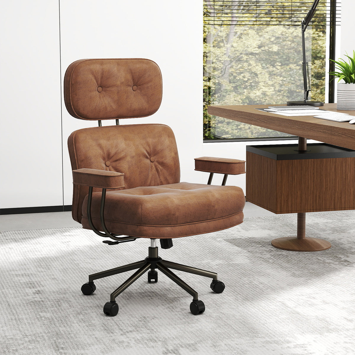 Ergonomic Home Office Chair Suede Fabric with Adjustable Back and Detachable Armrests-Coffee