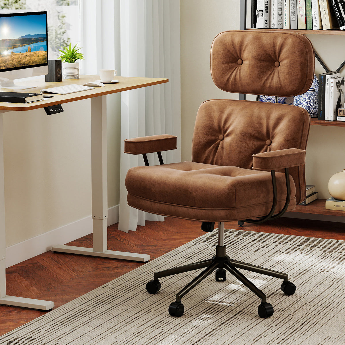 Ergonomic Home Office Chair Suede Fabric with Adjustable Back and Detachable Armrests-Coffee