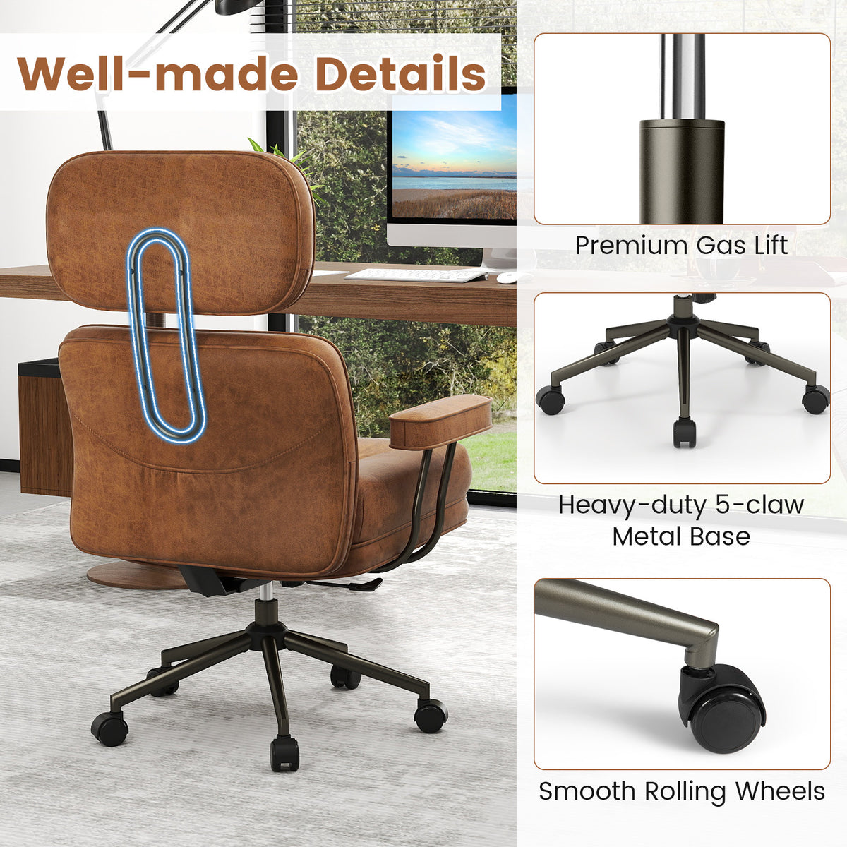 Ergonomic Home Office Chair Suede Fabric with Adjustable Back and Detachable Armrests-Coffee