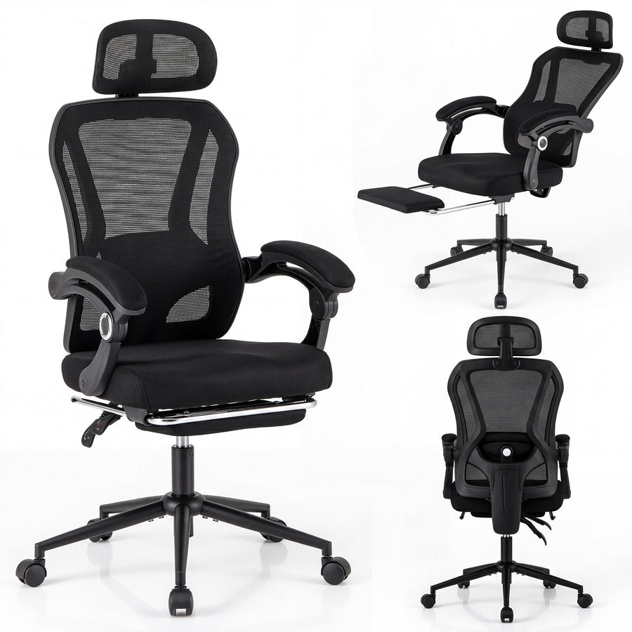Ergonomic Mesh Office Chair with 2D Headrest and Retractable Footrest-Black