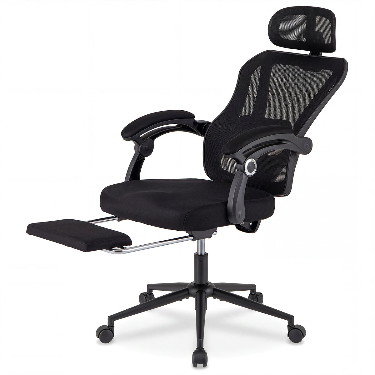 Black mesh office chair with the retractable footrest extended