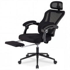 Black mesh office chair with the retractable footrest extended