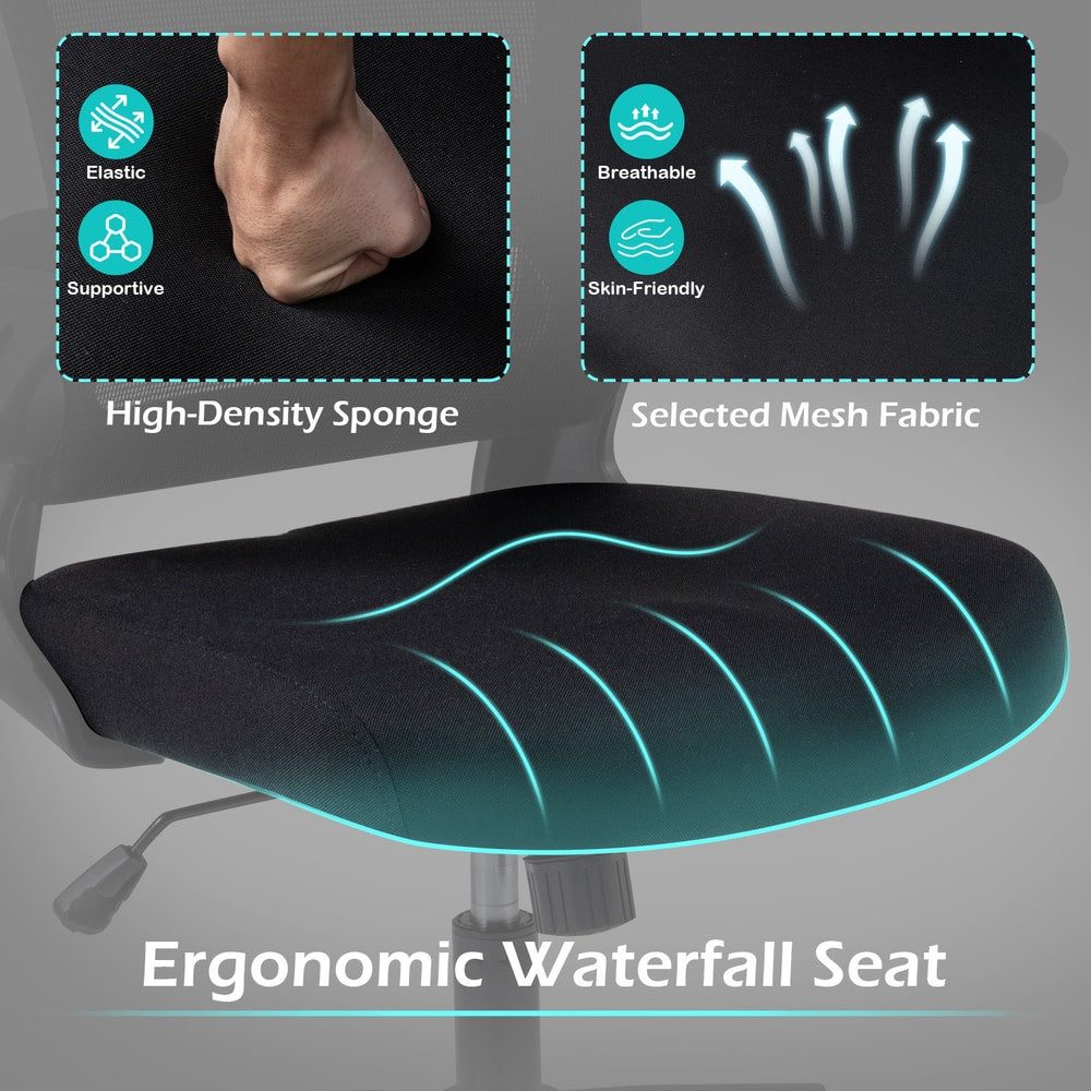 The office chair seat cushion with close-up boxes highlighting sponge and mesh fabric