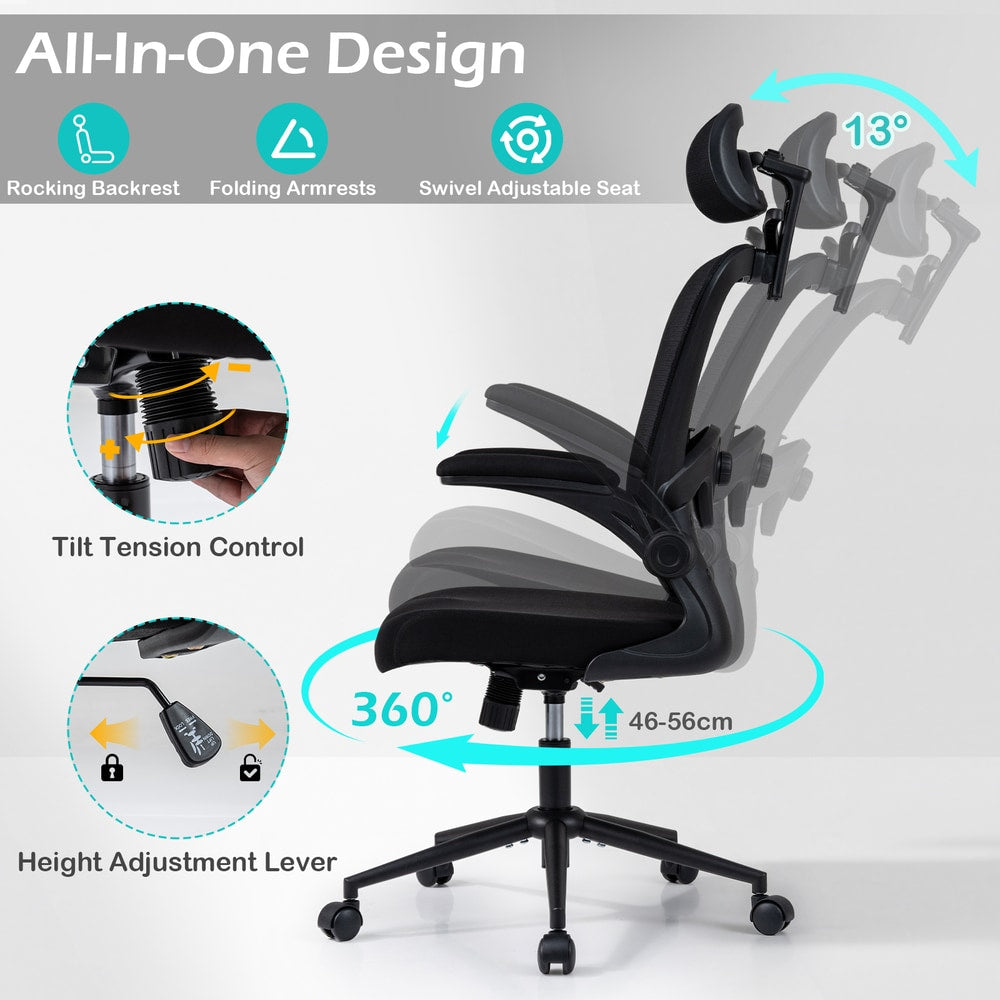 The office chair showing movement arrows for the backrest, armrests and height lever