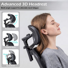 The office chair headrest being used by a person with diagrams showing its movement