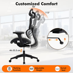 Ergonomic Mesh Office Chair with Lumbar Support & Adjustable Headrest Armrests-Black