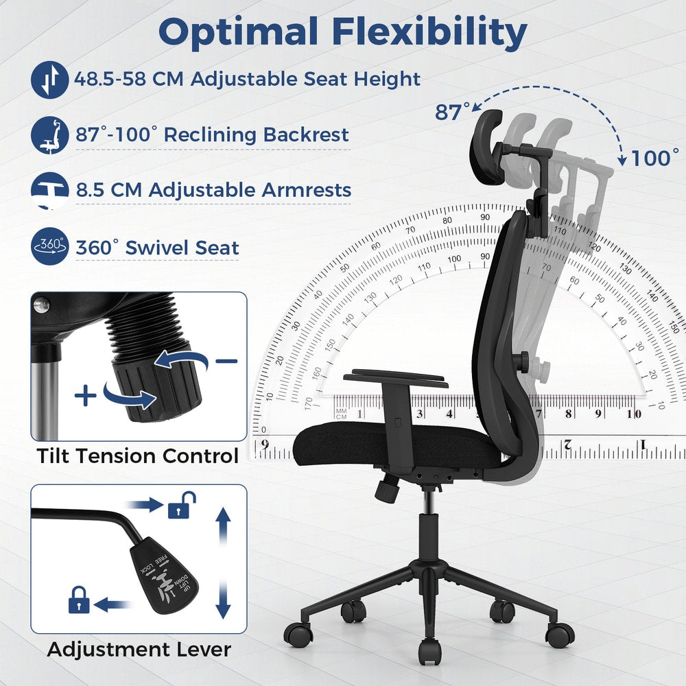 The office chair showing reclining backrest angles and adjustment levers for seat height