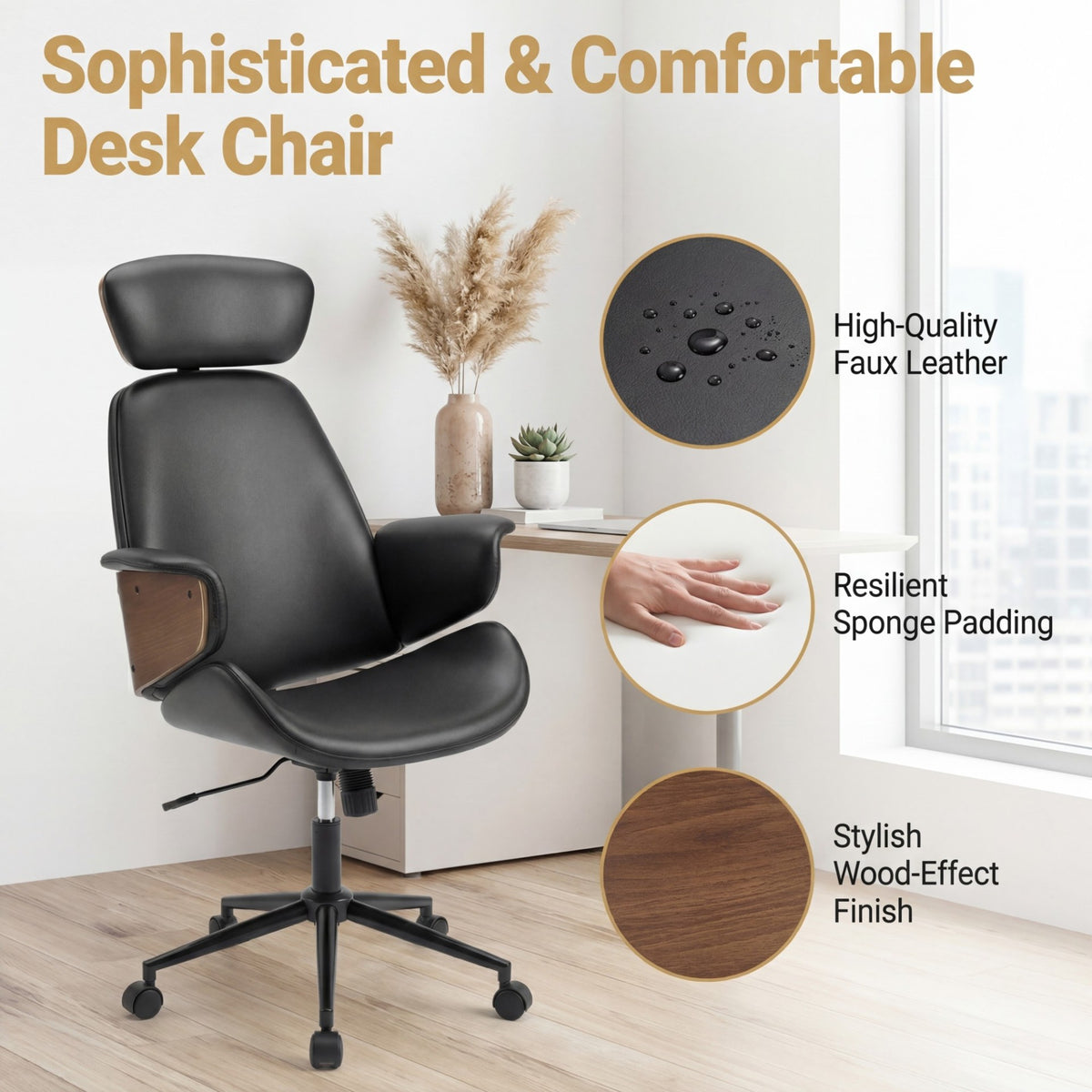 Ergonomic Office Chair with Headrest & Adjustable Height for Home Office-Black