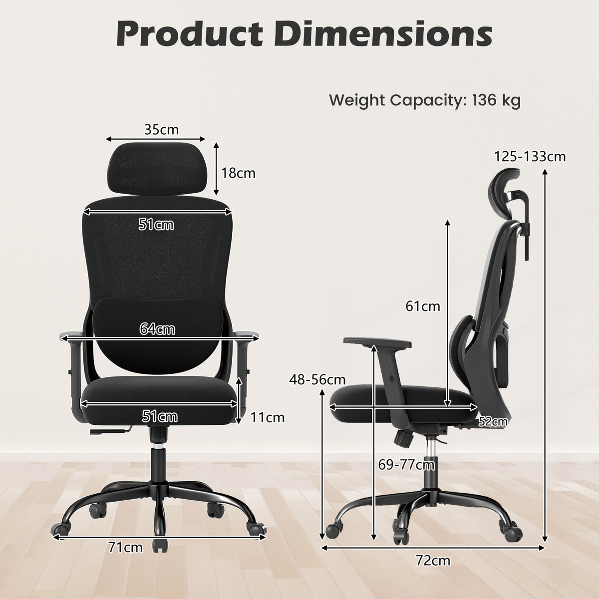 Ergonomic Office Chair with Headrest High Back Desk Chair-Black