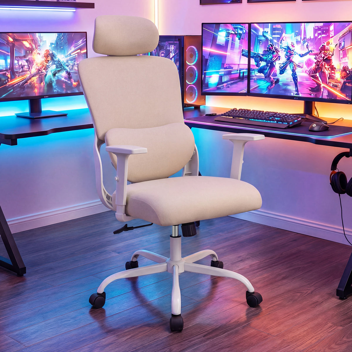 Ergonomic Office Chair with Headrest High Back Desk Chair-White