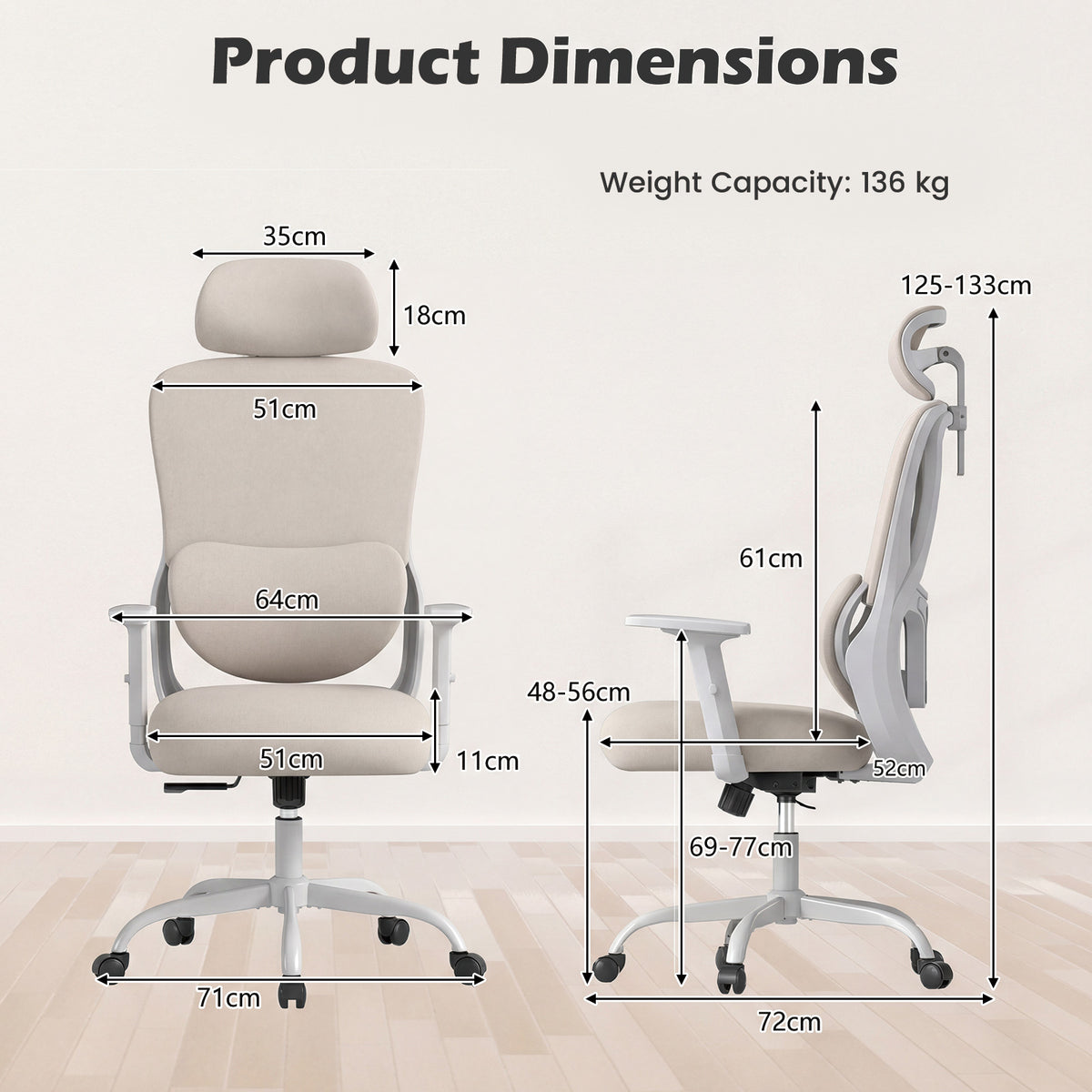 Ergonomic Office Chair with Headrest High Back Desk Chair-White