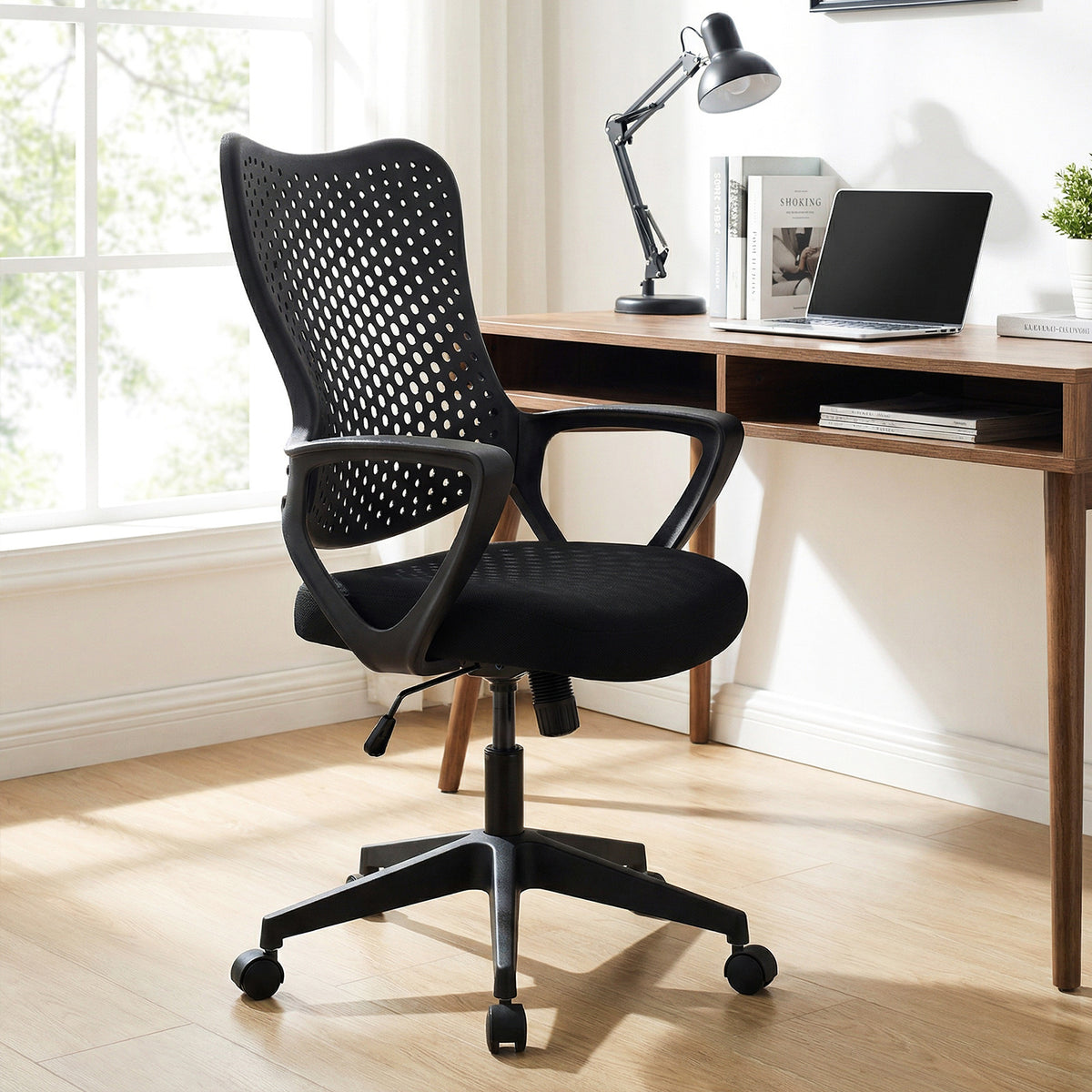 Ergonomic Office Chair with Padded Cushion and Butterfly Backrest Adjustable Swivel-Black