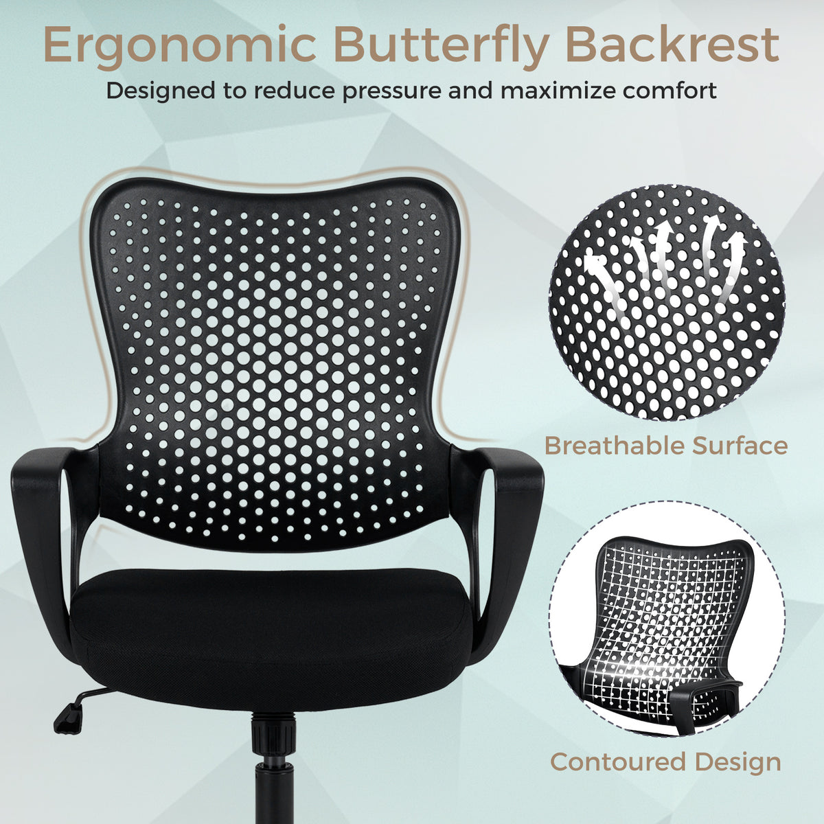 Ergonomic Office Chair with Padded Cushion and Butterfly Backrest Adjustable Swivel-Black