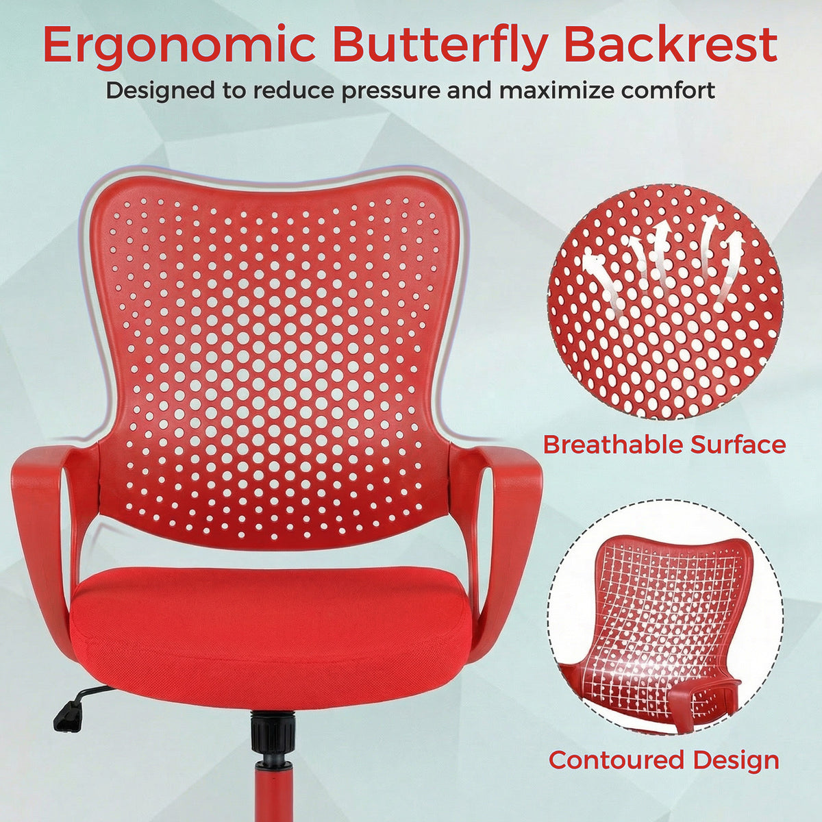 Ergonomic Office Chair with Padded Cushion and Butterfly Backrest Adjustable Swivel-Red