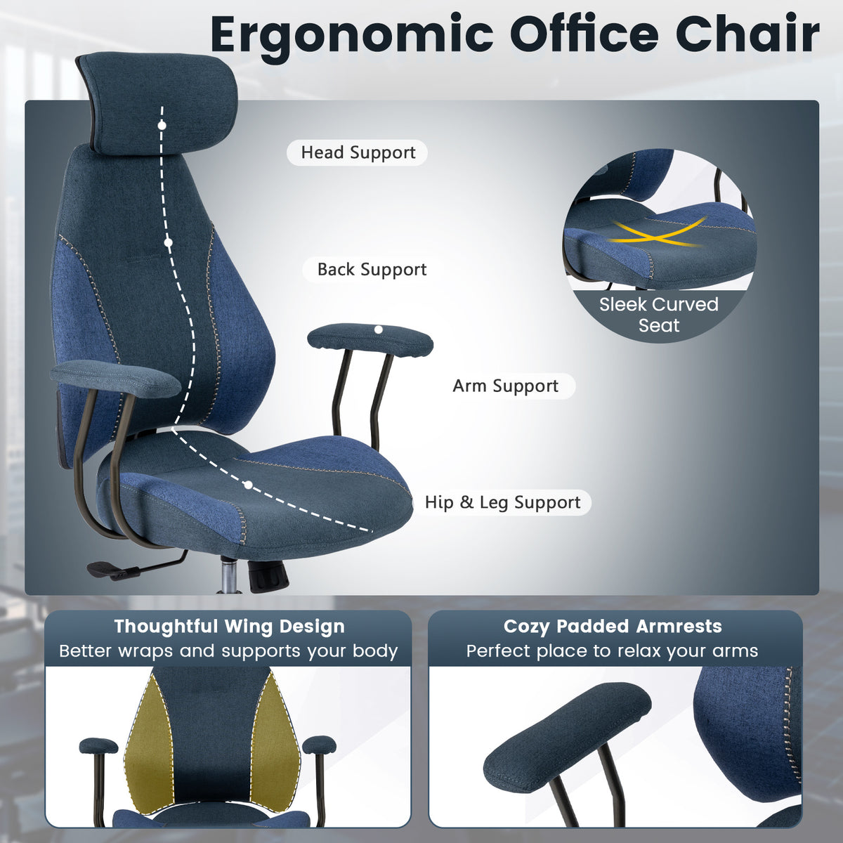 Ergonomic Office Chair with Suede Fabric and 2D Headrest