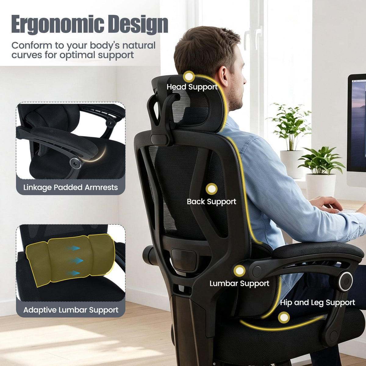 Ergonomic Office Computer Mesh Chair with High Back and Adaptive Lumbar Support-Black
