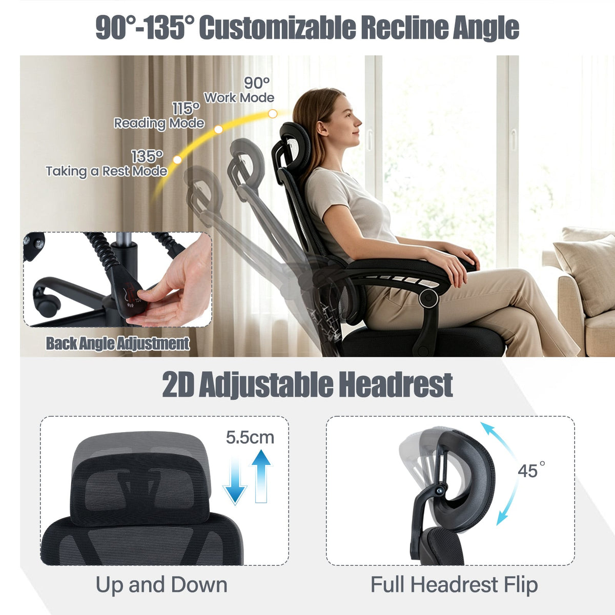 Ergonomic Office Computer Mesh Chair with High Back and Adaptive Lumbar Support-Black