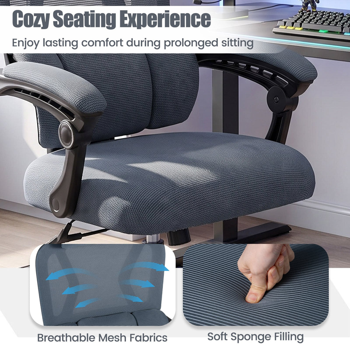 Ergonomic Office Computer Mesh Chair with High Back and Adaptive Lumbar Support-Grey