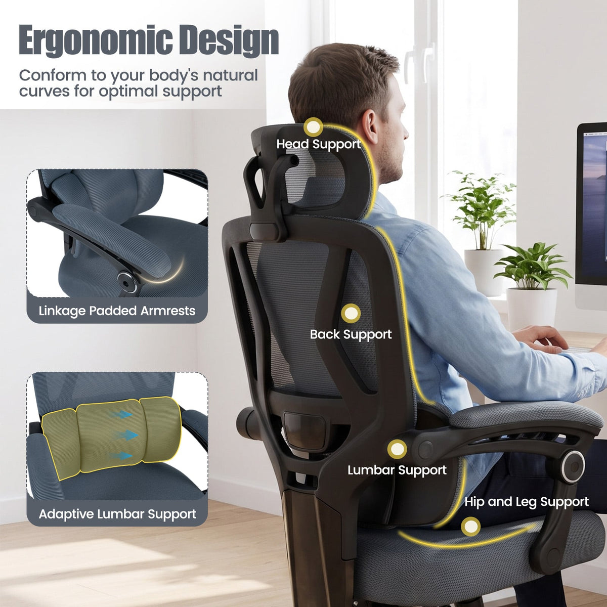 Ergonomic Office Computer Mesh Chair with High Back and Adaptive Lumbar Support-Grey